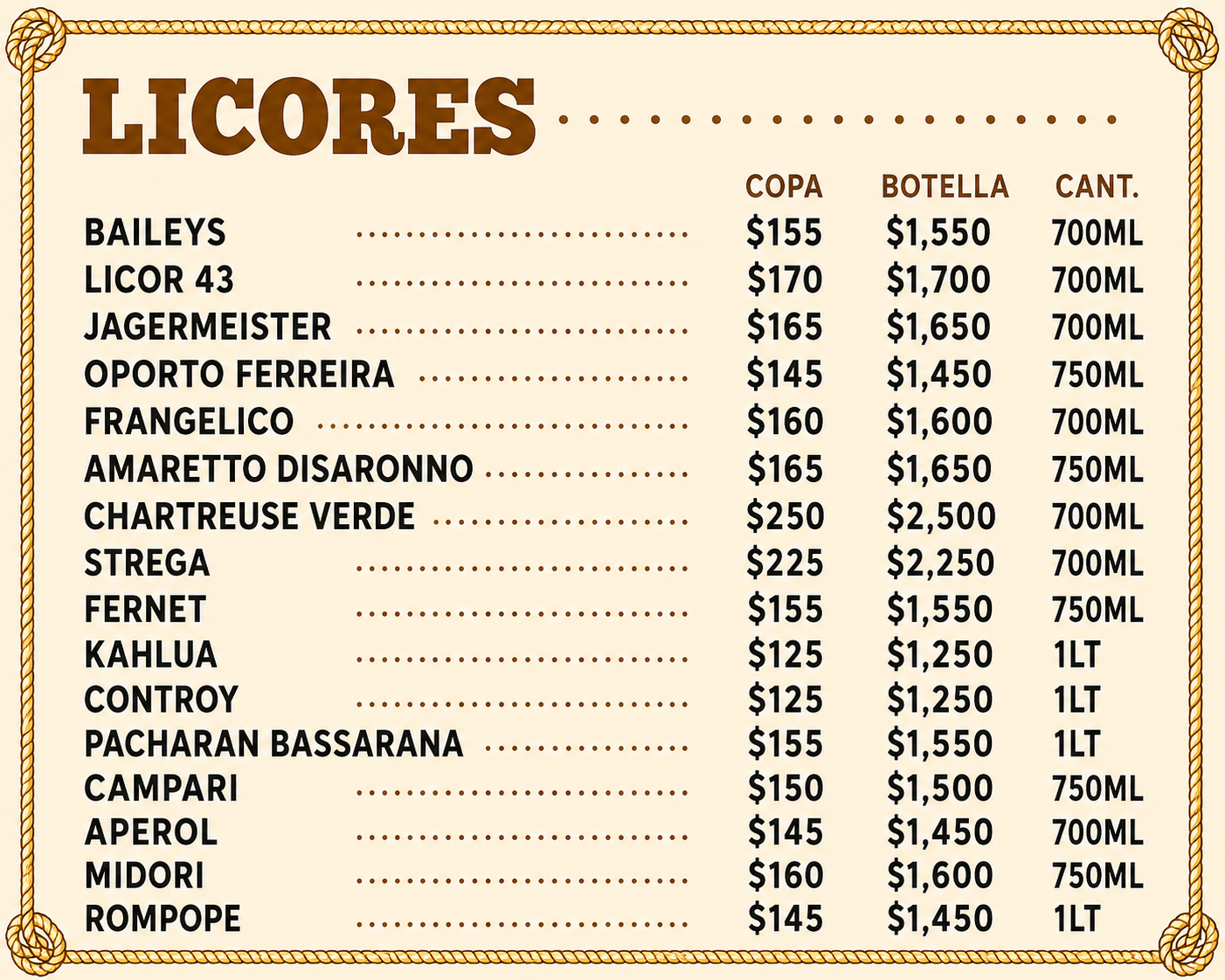 Menú - Licores