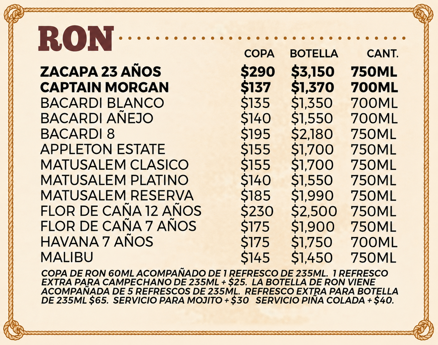 Menú - Ron