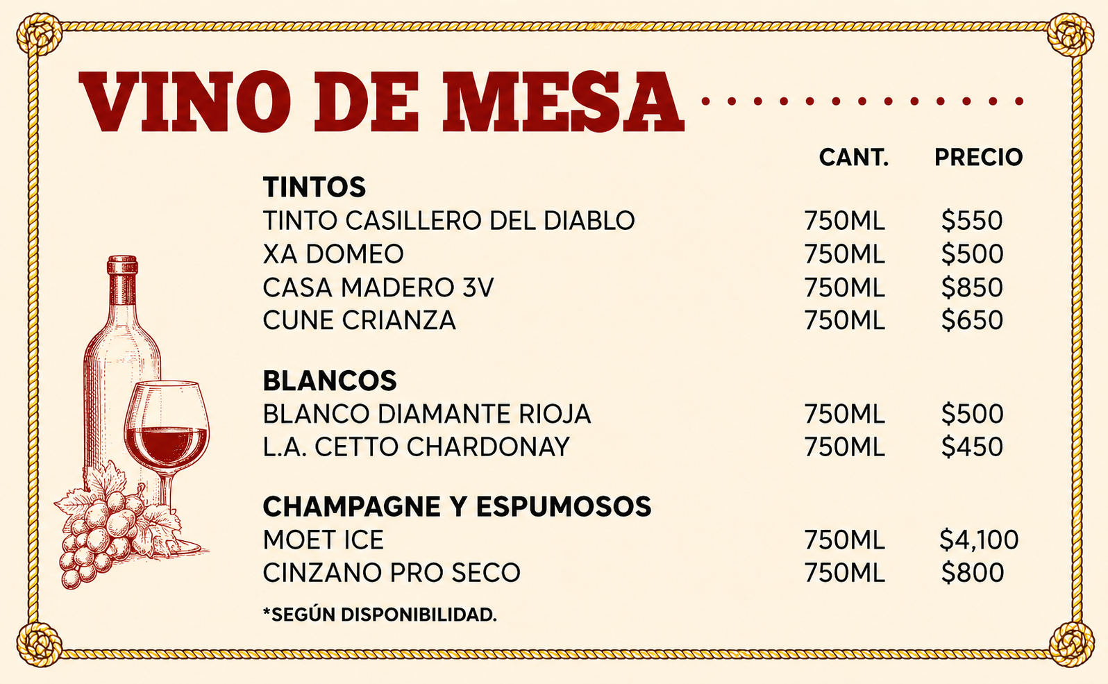 Menú - Vinos de Mesa
